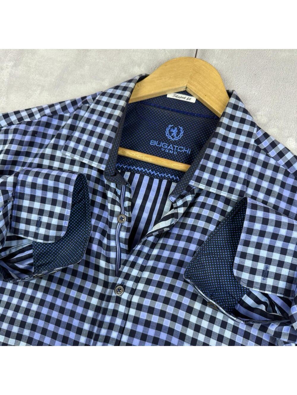 Bugatchi Uomo Mens Shaped Fit Size L Blue Check Button Up Dress Shirt Designer